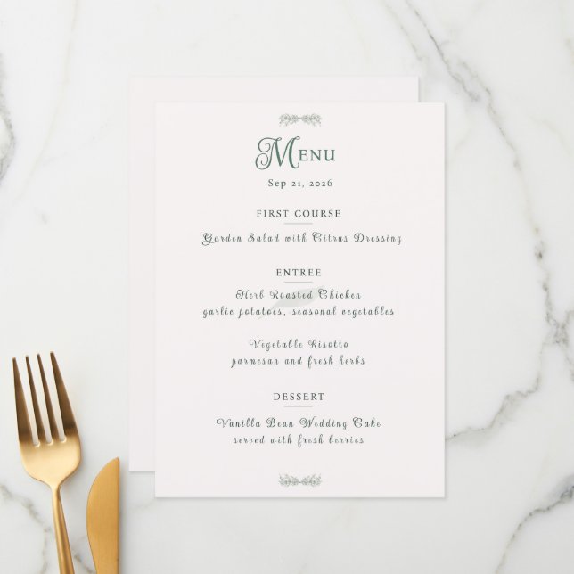 Simple Sage Green Botanical Minimalist Wedding Meny (Fram/Back In Situ)