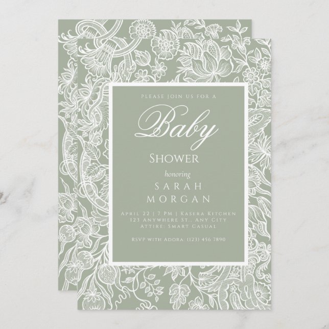 Simple Sage Grönt Line Art Wildblomma Inbjudningar (Fram/baksida)