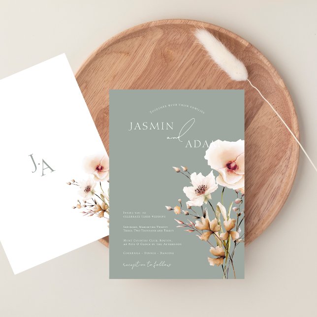 Simple Sage Grönt Rosa Wildblommor Blommigt Bröllo Inbjudningar (Simple Sage Green Pink Wildflowers Floral Wedding Invitation)