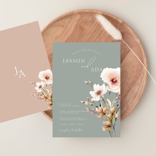 Simple Sage Grönt Rosa Wildblommor Blommigt Bröllo Inbjudningar (Simple Sage Green Pink Wildflowers Floral Wedding Invitation)