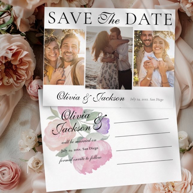 Simple Save the Date 3 Photo & Floral Wedding Meddelande Vykort (Skapare uppladdad)