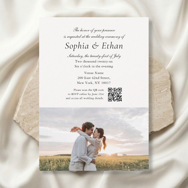 Simple Script 2 Photo QR Code Off White Wedding Inbjudningar (Skapare uppladdad)