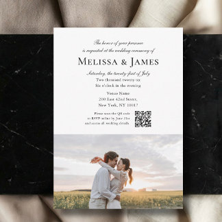 Simple Script 2 Photo White QR Code Wedding Inbjudningar