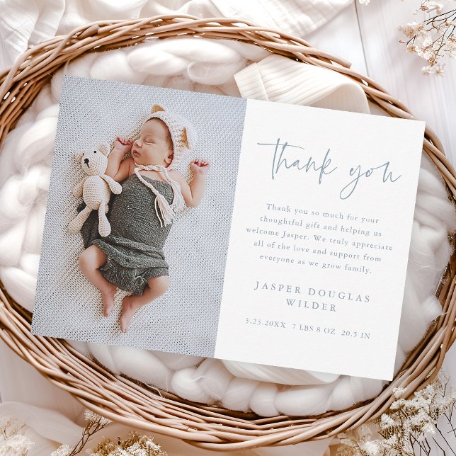 Simple Script Baby Photo Tack Kort (Simple modern script dusty blue baby photo thank you cards.)