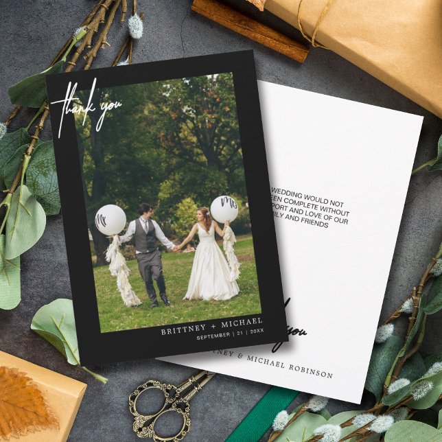 Simple Script Black Photo Modern - tackkort Tack Kort (Modern elegant hand written wedding thank you card for the minimalistic bride.)