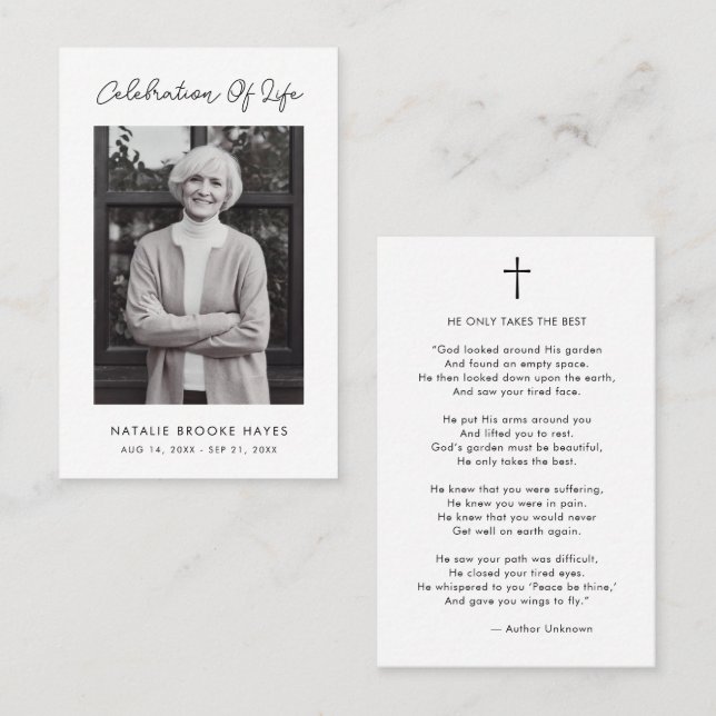 Simple Script Firande of Life Prayer Card Visitkort (Fram/baksida)