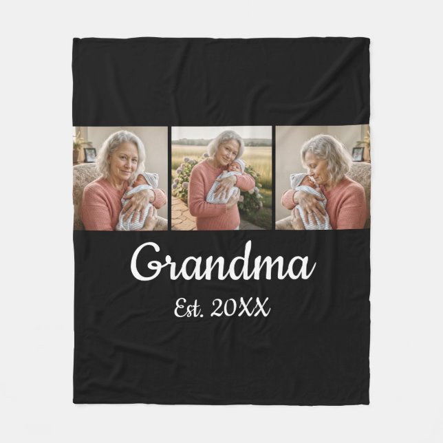 Simple Script Grandma Est. 3 Photo Year Fleecefilt (Framsidan)