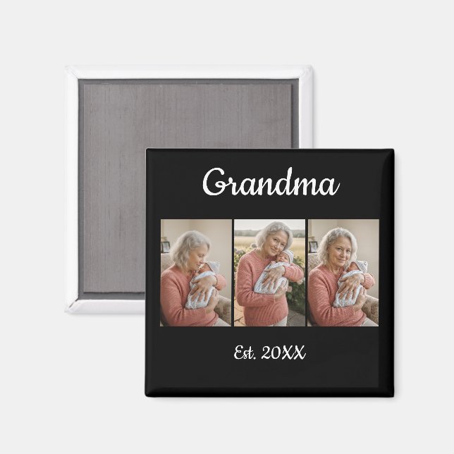 Simple Script Grandma Est. 3 Photo Year Magnet (Front/Back)
