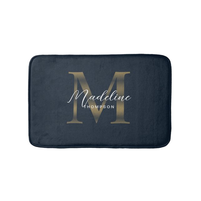 Simple Script Metallic Navy Blue Gold Monogram Badrumsmatta (Framsidan)