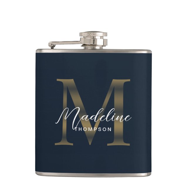 Simple Script Metallic Navy Blue Gold Monogram Fickplunta (Framsidan)