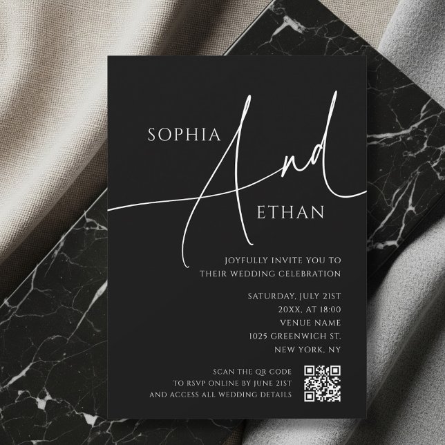 Simple Script Moody QR Code Black Wedding Inbjudningar (Skapare uppladdad)