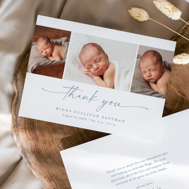 Simple Script Photo Collage Baby Tack Kort (Elegant modern script 3 photo collage baby thank you announcement card.)