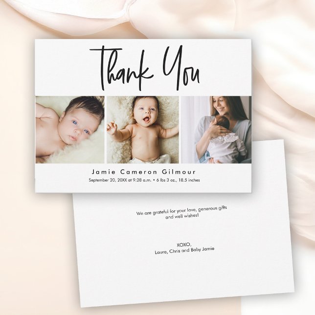 Simple Script Photo Collage Baby Tack Kort (Modern 3 photos baby shower thank you cards, handlettering script type.)