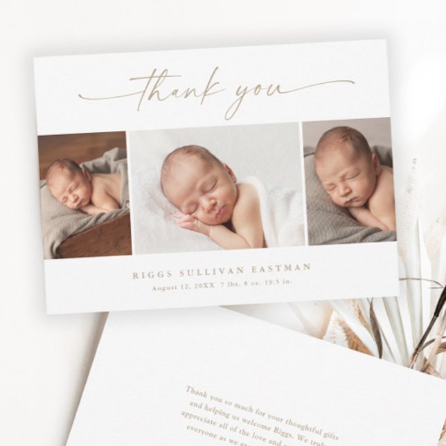 Simple Script Photo Collage Baby Tack Kort (Elegant Gold Script 3 Photo Collage Baby Thank You Cards.)
