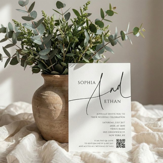 Simple Script Typography QR Code White Wedding Inbjudningar (Skapare uppladdad)