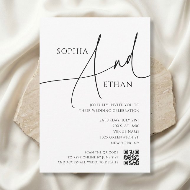 Simple Script Typography QR Code White Wedding Inbjudningar (Skapare uppladdad)