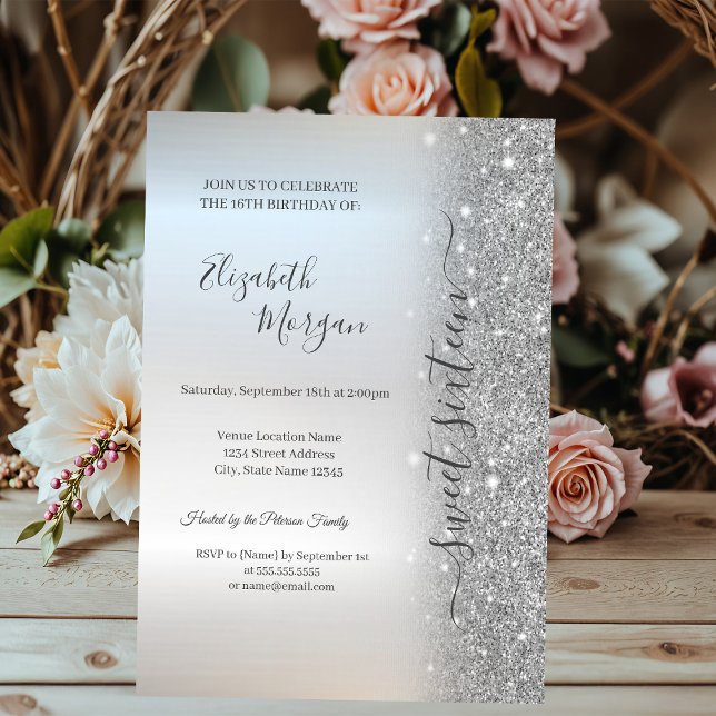 Simple Silver Glitter Silver Sweet 16 Inbjudningar (Skapare uppladdad)