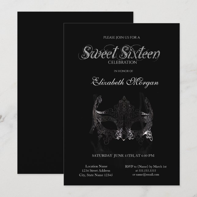 Simple Silver Masque Black Sweet 16 Inbjudningar (Fram/baksida)