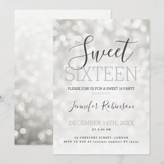 Simple Silver Sweet 16 Birthday Sparkly Ljus Inbjudningar (Fram/baksida)