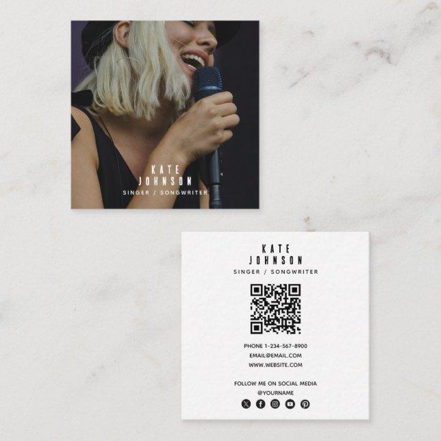 Simple Singer Musician Photo Social Media QR-kod Fyrkantigt Visitkort (Fram/baksida)