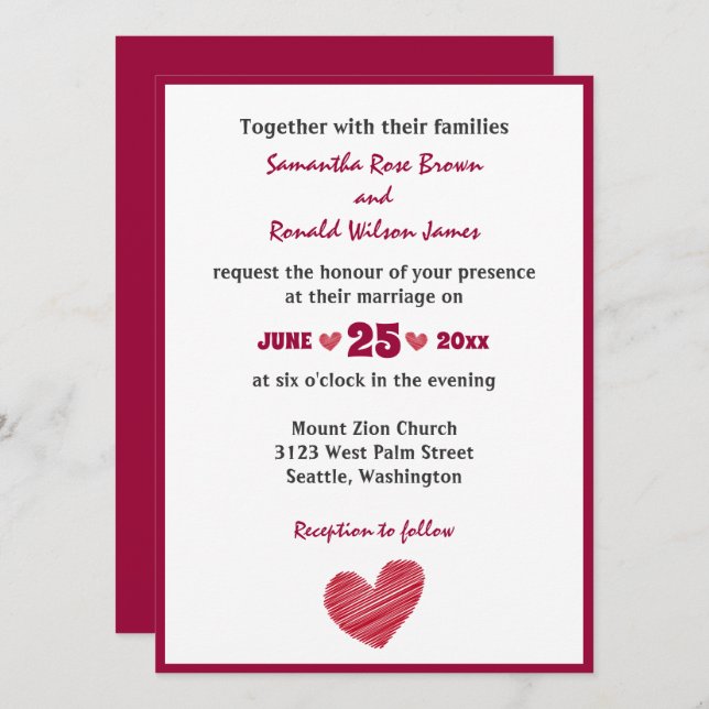 Simple Sketchy Red Heart Wedding bjudande Inbjudningar (Fram/baksida)