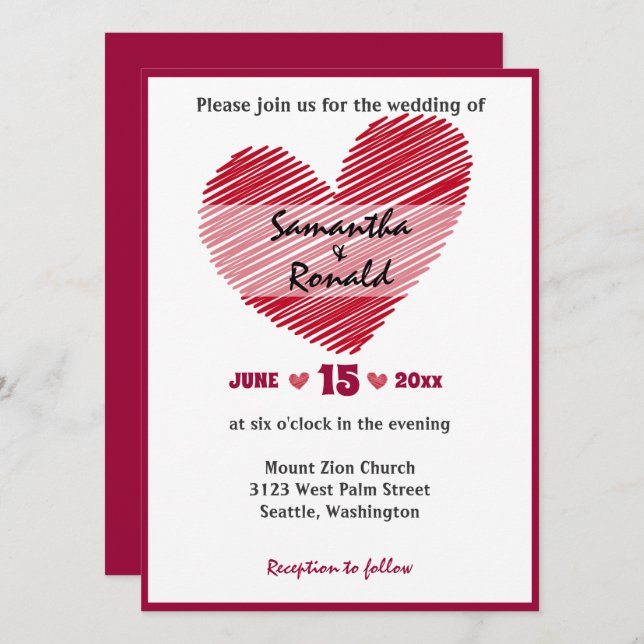 Simple Sketchy Red Heart Wedding bjudande Inbjudningar (Fram/baksida)