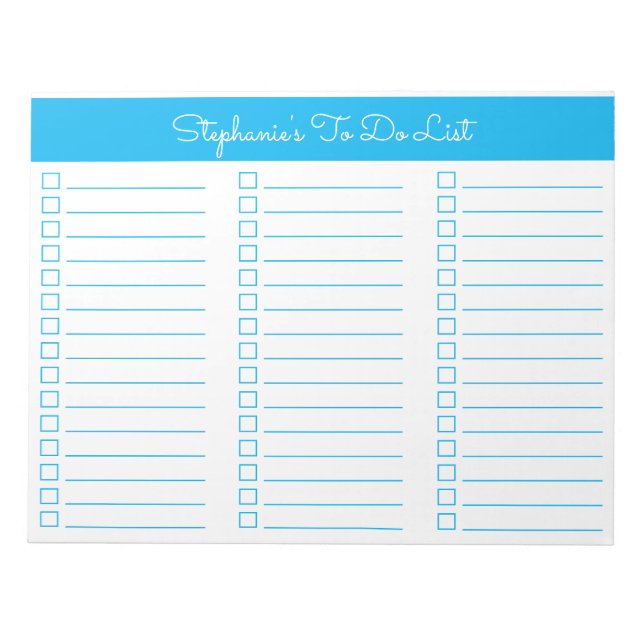Simple Sky Blue 8.5x11 Three Column Checklist Anteckningsblock (Framsida)