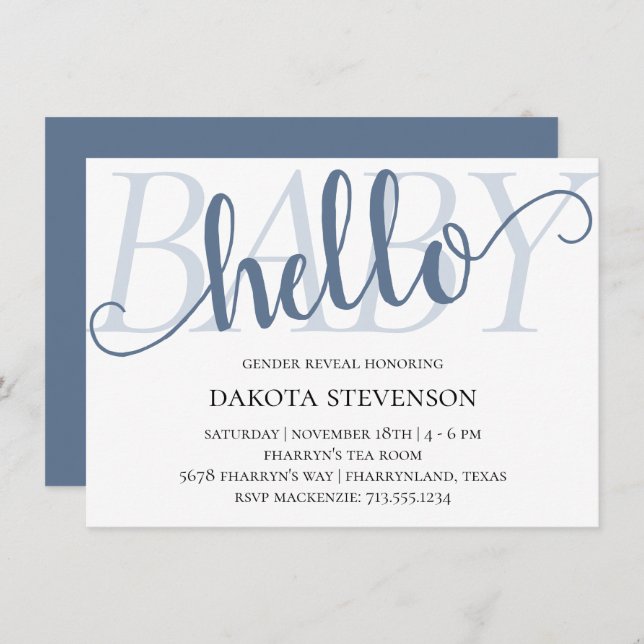 Simple Slate Hej Baby | Dusty Blue Script Shower Inbjudningar (Fram/baksida)
