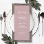 Simple Solid Färg Dusty Mauve Bröllop Menu Meny<br><div class="desc">Simple Solid Färg Dusty Mauve Rosa Bröllop Menu. Det här moderna menykortet för chic är enkelt klassiskt och elegant med en vanlig bakgrund i färg och ett söt namnteckning skriptcalligrafteckensnitt med svan. Visas i den nya Colorway. Med ett söt monogram på baksidan. Finns i flera alternativ för färg eller kan...</div>