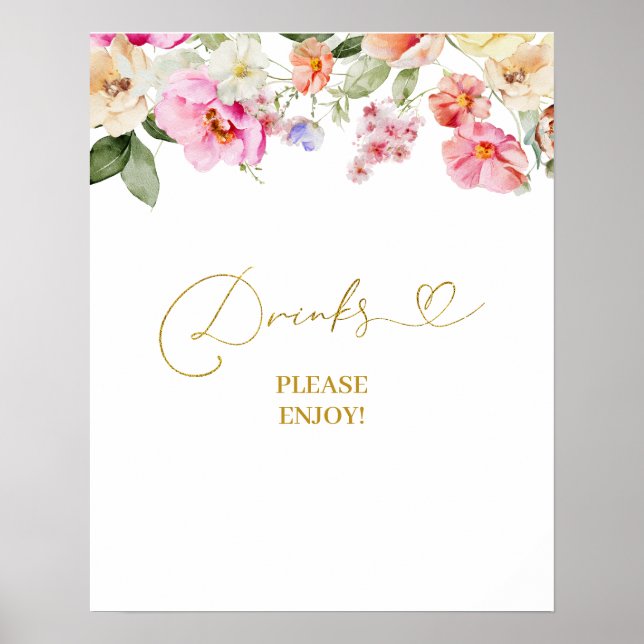 Simple Spring Floral Drinks Party Sign Poster (Framsidan)