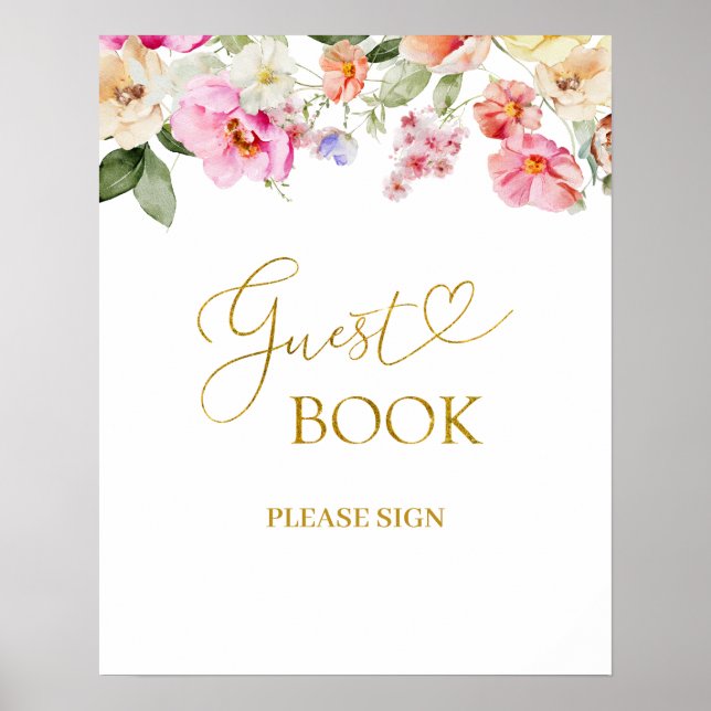 Simple Spring Floral Guest Book Party Sign Poster (Framsidan)