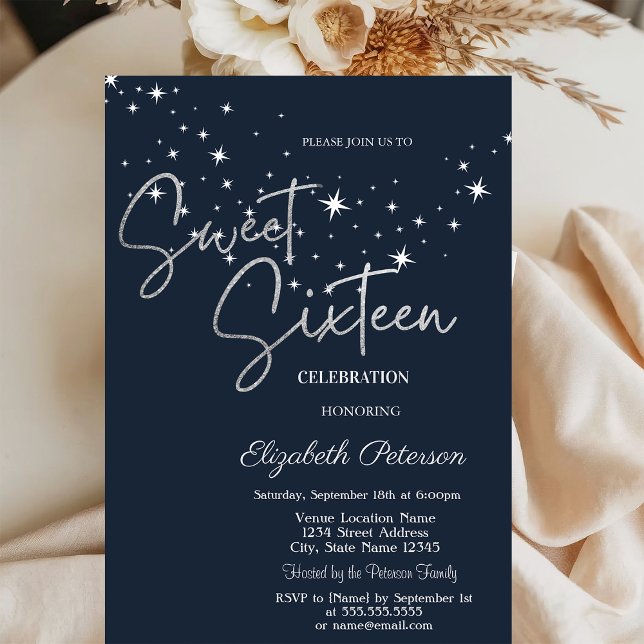 Simple Stars Navy Blue Sweet 16  Inbjudningar (Skapare uppladdad)