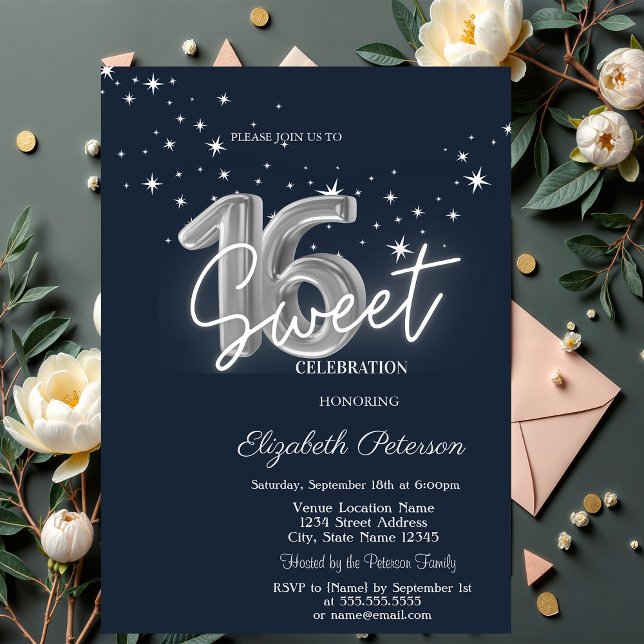 Simple Stars Navy Blue Sweet 16  Inbjudningar (Skapare uppladdad)