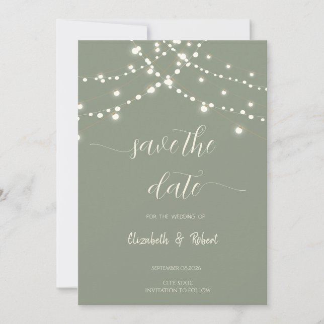 Simple String Lights Sage Green Save The Date Spara Datumet (Framsida)