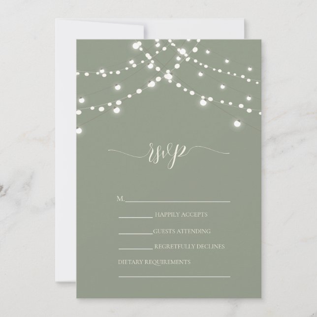Simple String Lights Sage Green Wedding RSVP   Inbjudningar (Framsida)