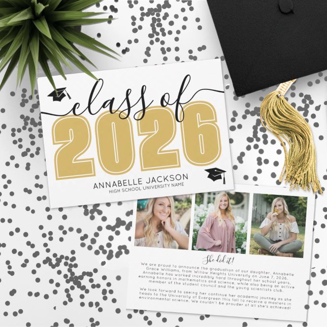 Simple Student Photo Collage Guld Studenten Meddelande (Simple Graduate Photo Collage Gold Graduation Announcement)