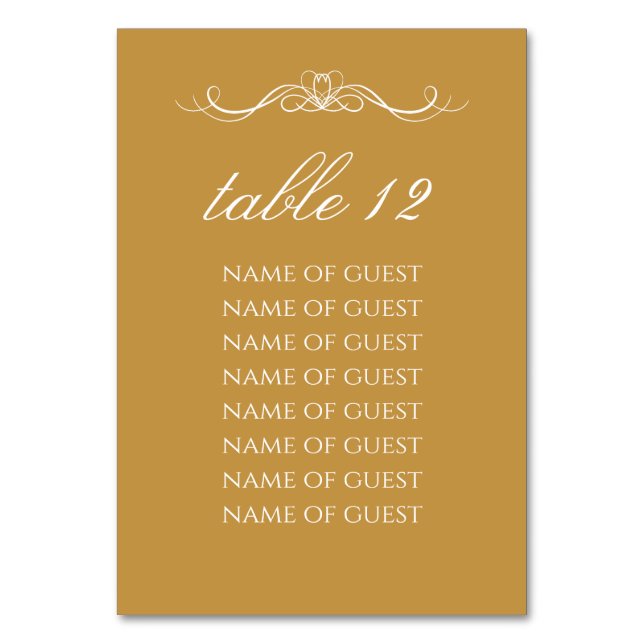 Simple Stylish Gold Table Number With Guest Names Bordsnummer (Framsidan)