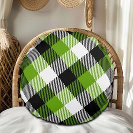 Simple Tartan Plaid Neon Grönt Rund Kudde