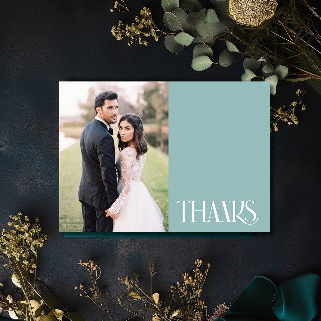 Simple Teal Grönt Bröllop Photo Tack Kort (Simple Teal Green Wedding Photo Thank You Card)