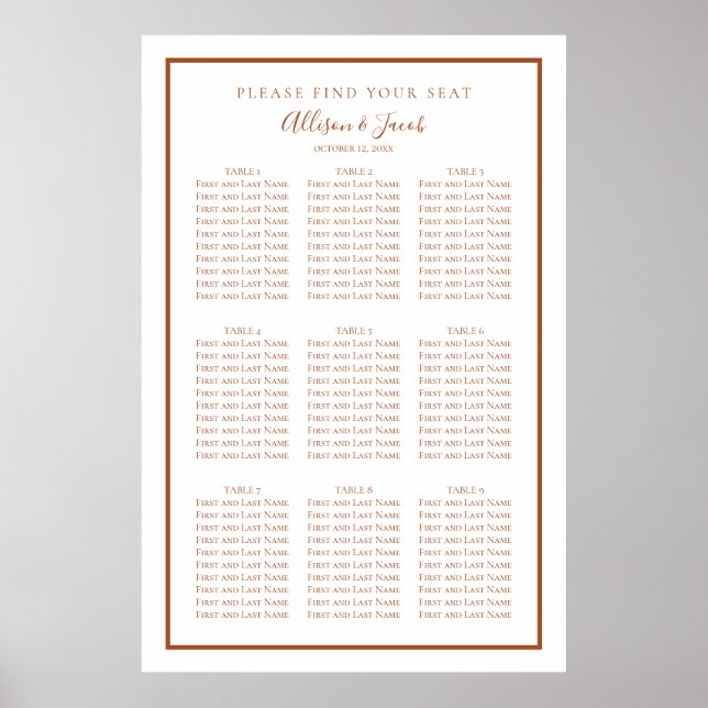 Simple Terra Cotta and White Bröllop Seating Chart Poster (Framsidan)