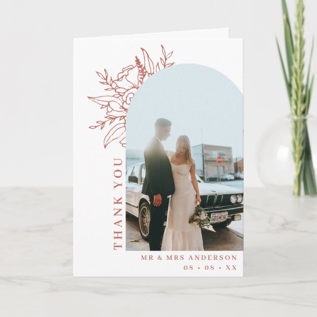 Simple Terracotta Blommigt Arch Photo Bröllop Fold Tack Kort (Framsida)