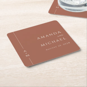 Simple Terracotta Elegant Classic Monogram Bröllop Underlägg Papper Kvadrat