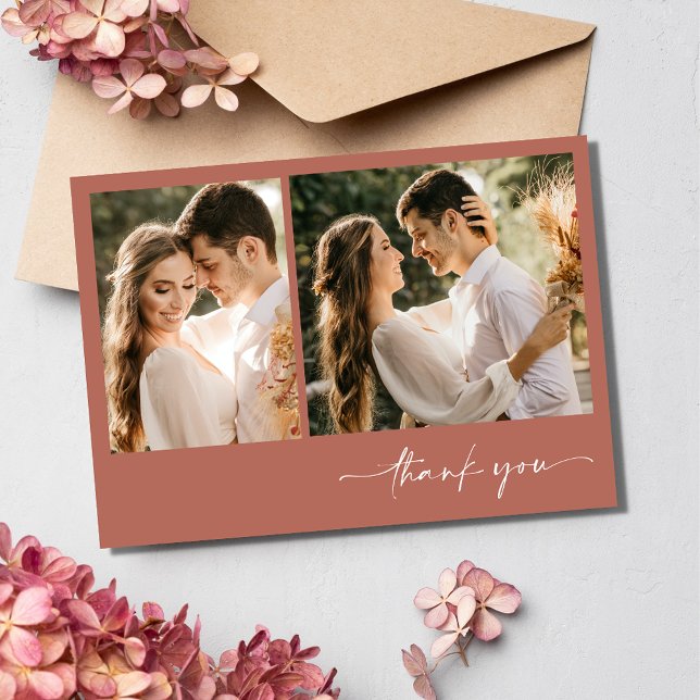 Simple Terracotta Two Photo Bröllop Tack (Simple Terracotta Two Photo Wedding Thank You Card)