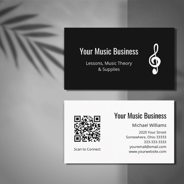 Simple Treble Clef QR-kod Music Lessons Black Visitkort (Skapare uppladdad)