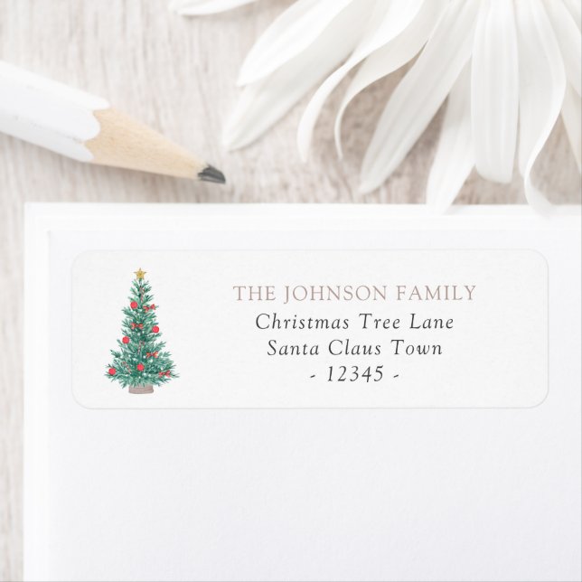 Simple Watercolor Christmas Tree Festive Returadress Etikett (Insitu)