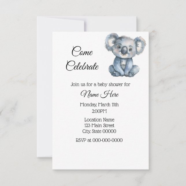 Simple Watercolor Koala Baby Shower Inbjudningar (Framsida)