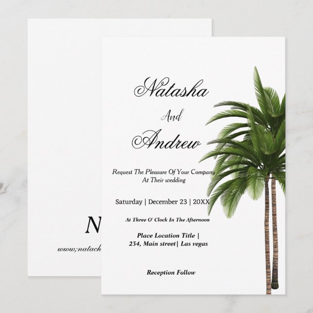 simple watercolor palm tree wedding invitation inbjudningar (Fram/baksida)