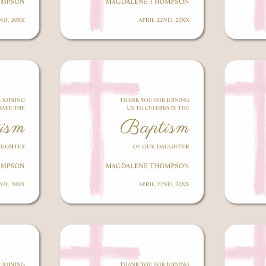 Simple Watercolor Pink Cross Baptism Thank You Fyrkantigt Klistermärke