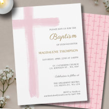 Simple Watercolor Pink Cross Girl Baptism