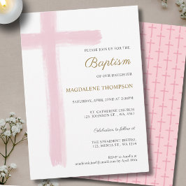 Simple Watercolor Pink Cross Girl Baptism Inbjudningar